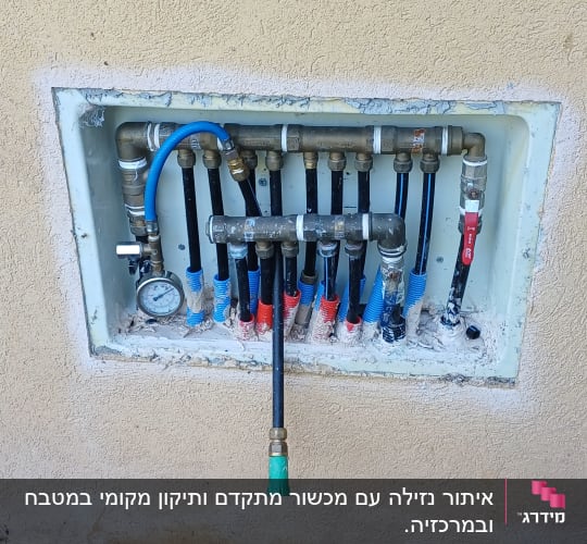 ארון מרכזיית מיםבקיר עם צנרת מרובה ושעון לחץ מים